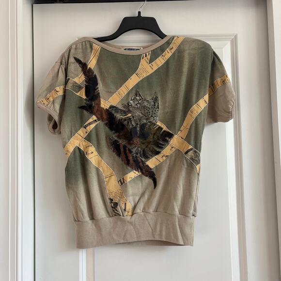Vintage Maria Kim Women’s Cat Printed Sweater Top Sz L Artsy Tan Quirky - Picture 1 of 13